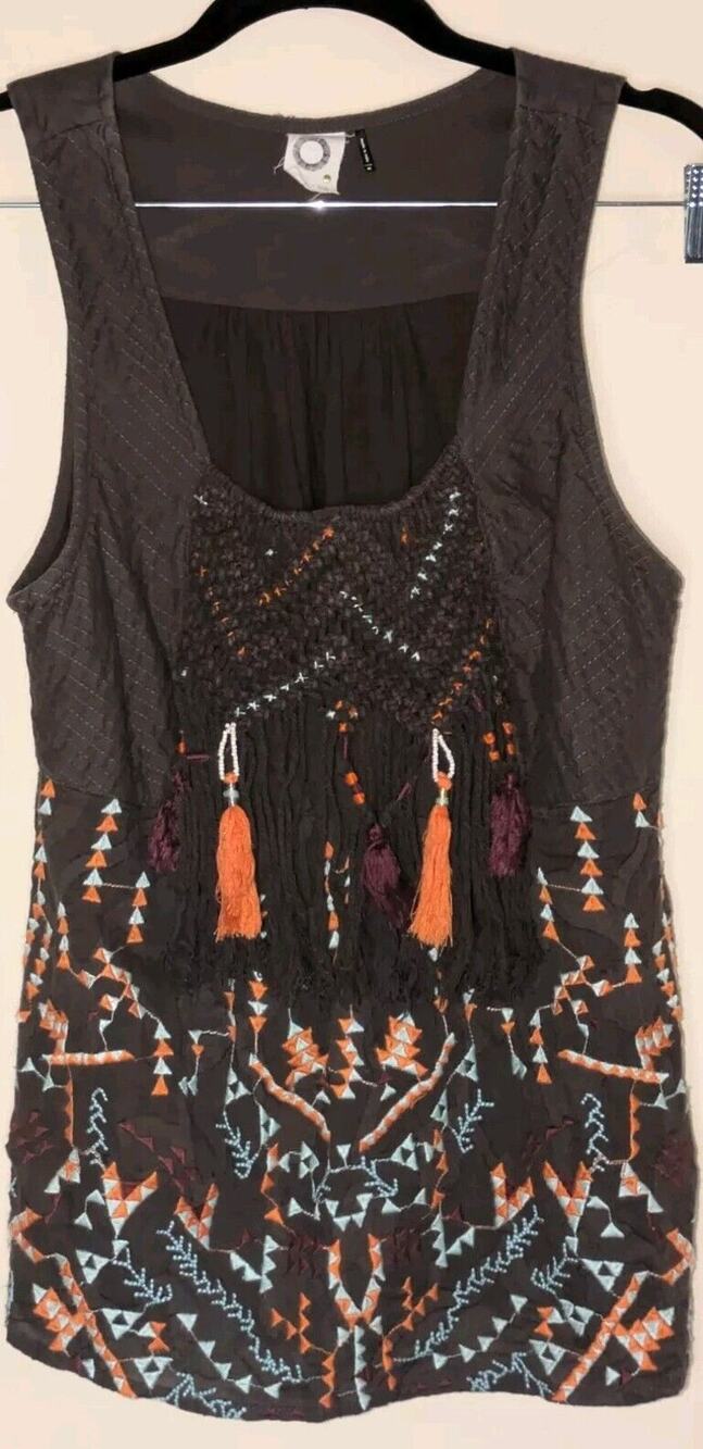 Anthropologie  Akemi + Kin Med Embroidered Beaded Tank Brown Boho Festival Indie